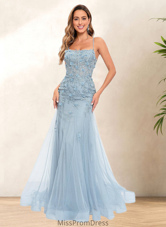 Kitty Trumpet/Mermaid Straight Sweep Train Tulle Prom Dresses With Flower HMP0025866