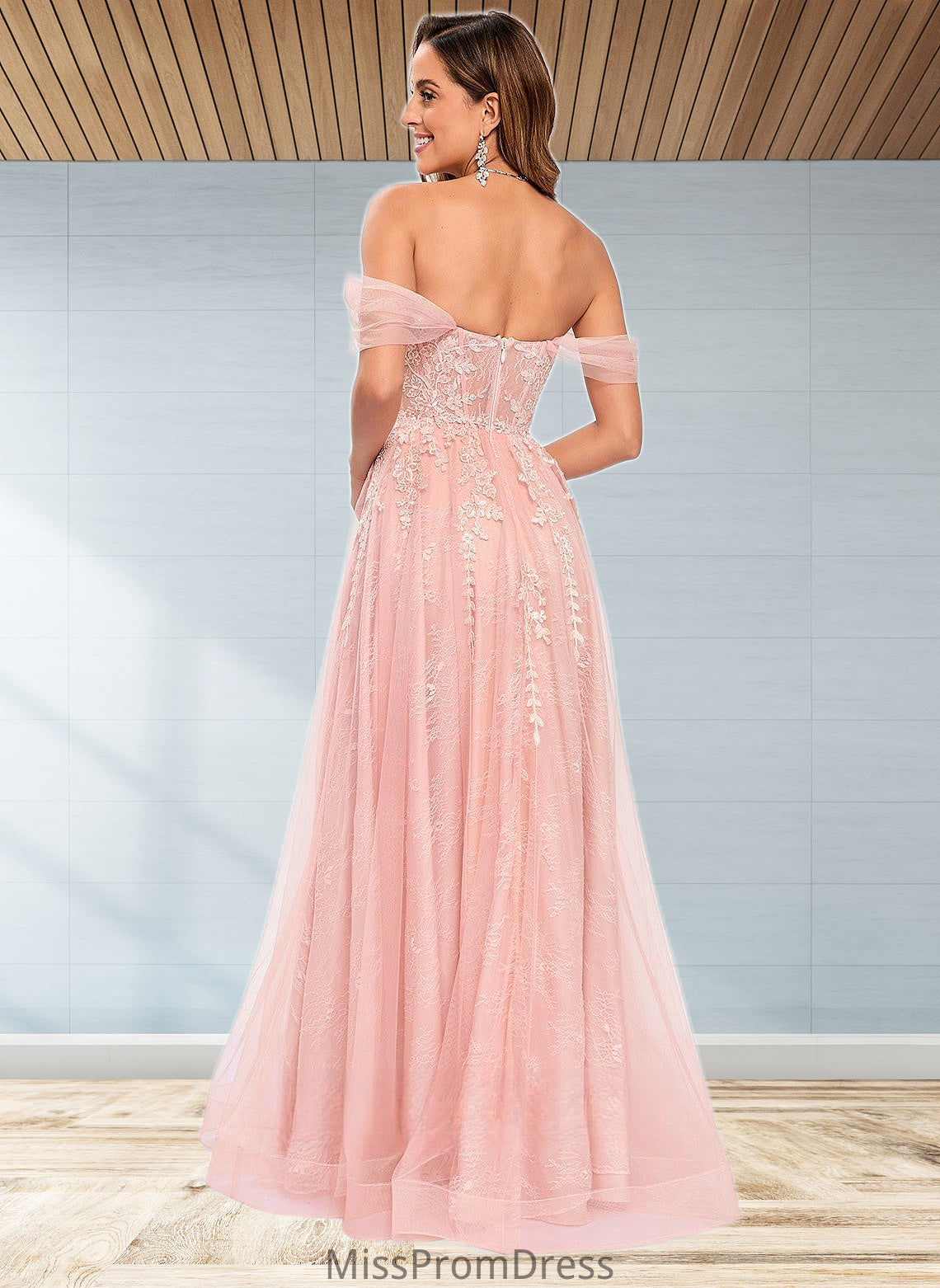 Elvira A-line Sweetheart Off the Shoulder Floor-Length Tulle Floral Lace Prom Dresses With Appliques Lace HMP0025870