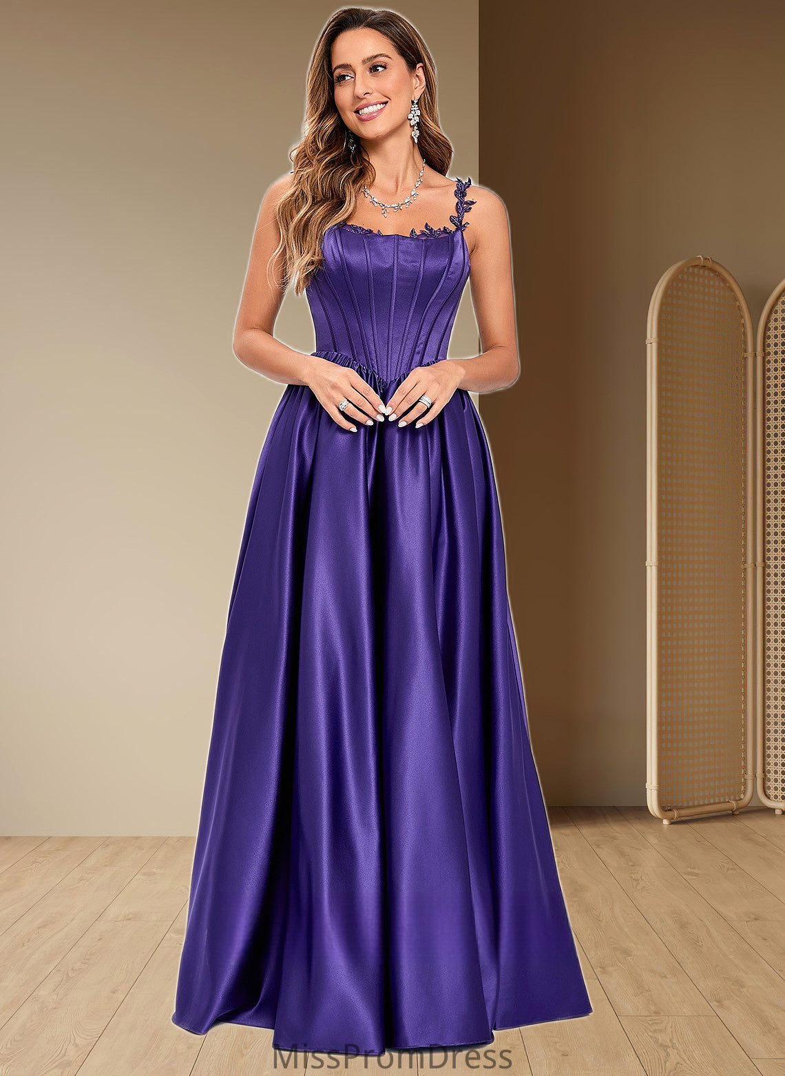 Saniyah Ball-Gown/Princess Scoop Floor-Length Satin Prom Dresses With Appliques Lace Beading HMP0025865