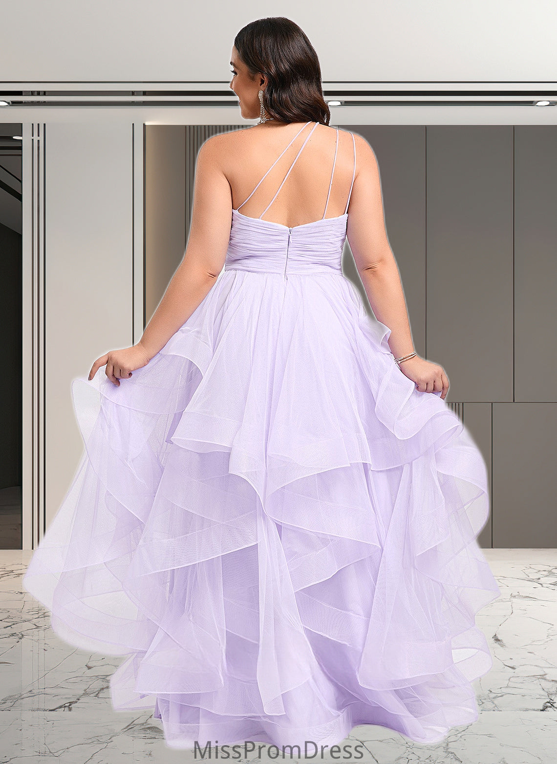 Luciana Ball-Gown/Princess Asymmetrical One Shoulder Floor-Length Tulle Prom Dresses HMP0025867