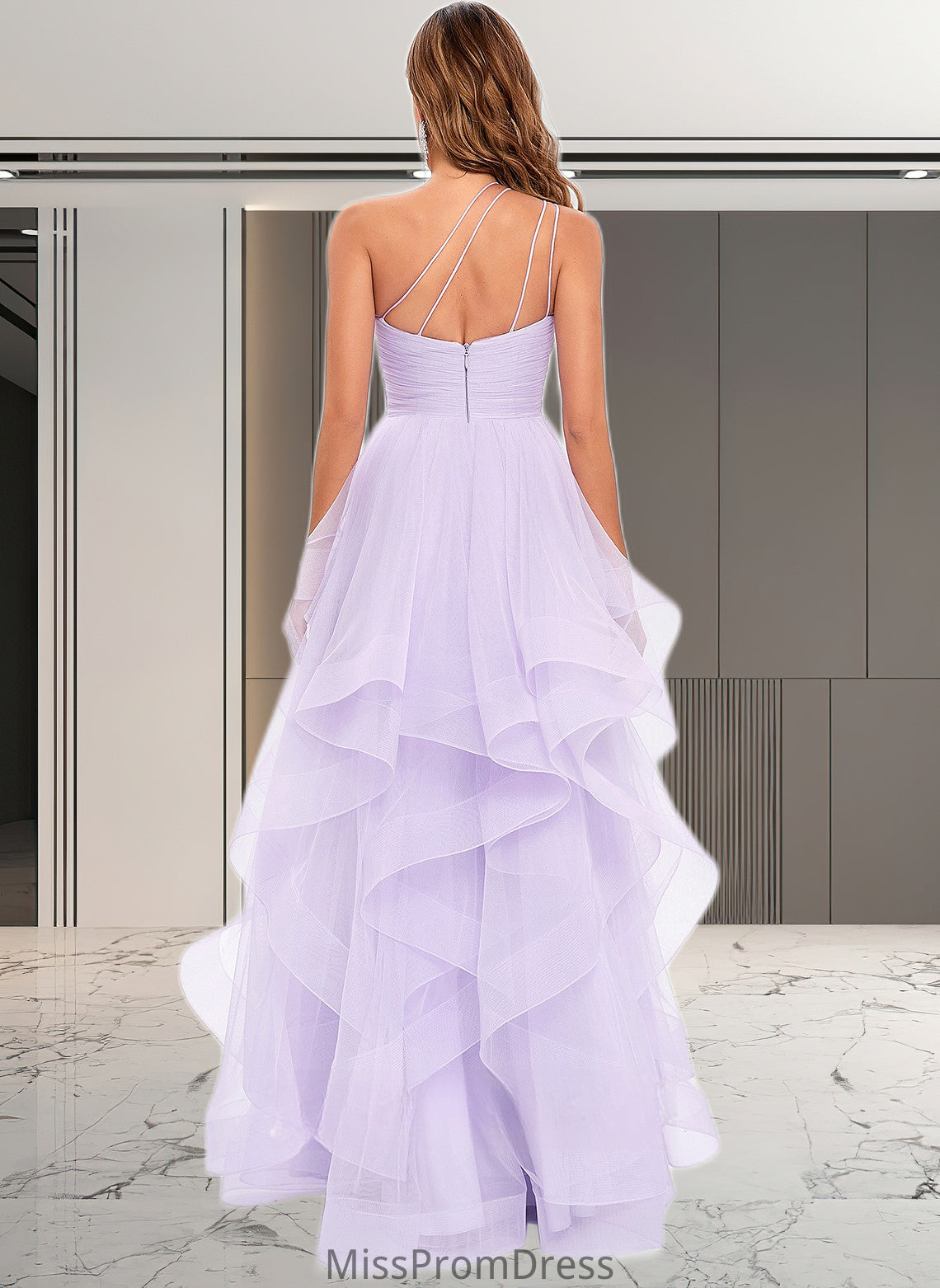 Luciana Ball-Gown/Princess Asymmetrical One Shoulder Floor-Length Tulle Prom Dresses HMP0025867