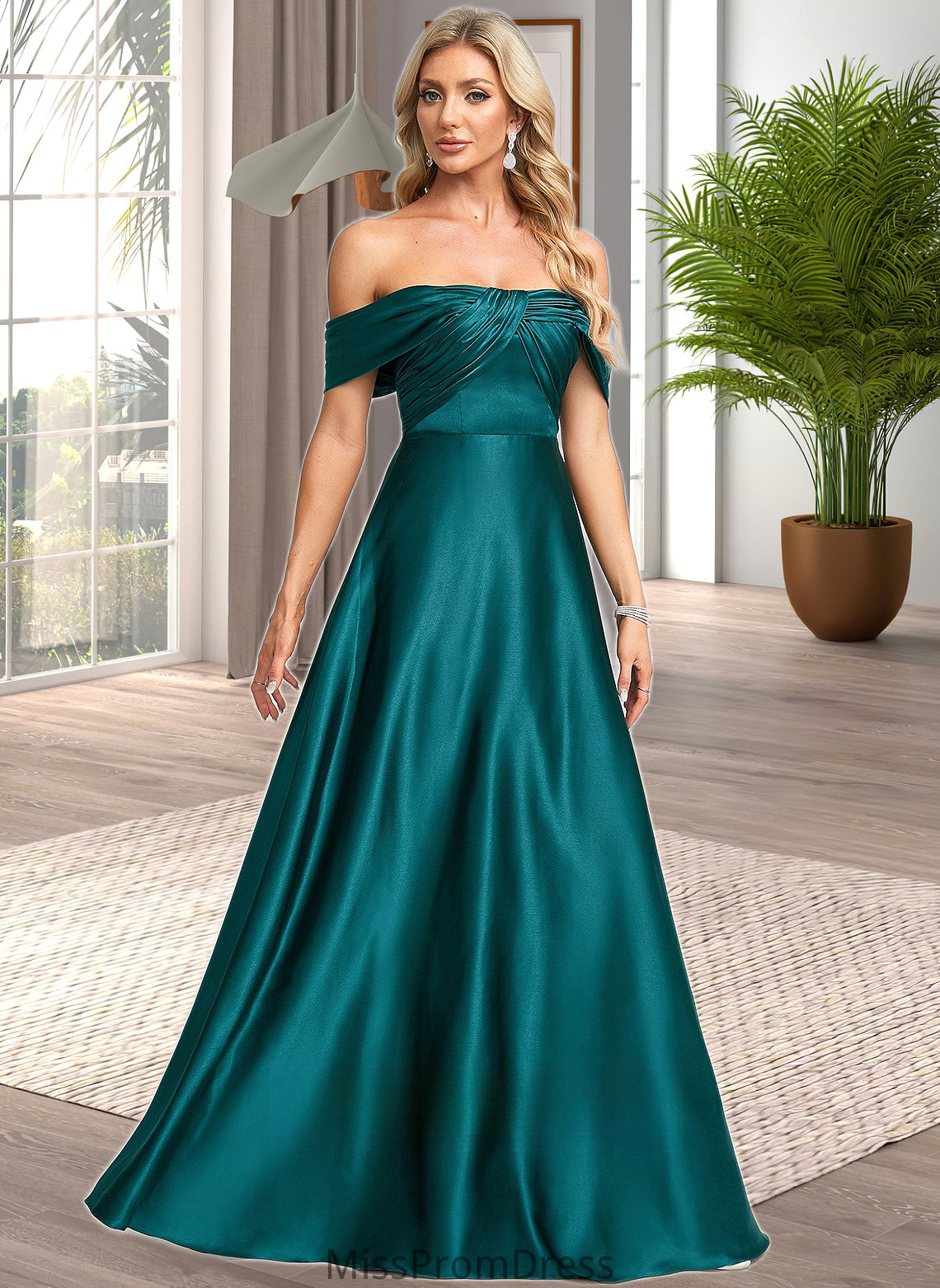 Erica A-line Off the Shoulder Floor-Length Stretch Satin Prom Dresses HMP0025879