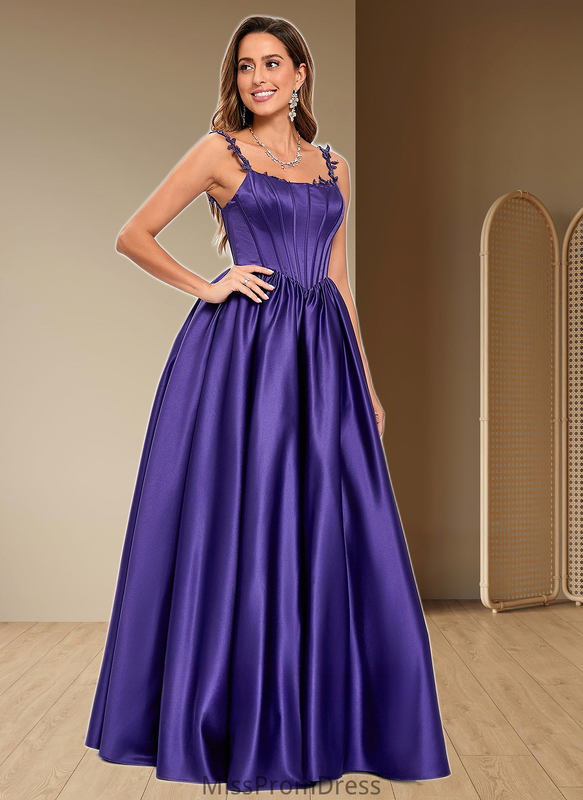 Saniyah Ball-Gown/Princess Scoop Floor-Length Satin Prom Dresses With Appliques Lace Beading HMP0025865