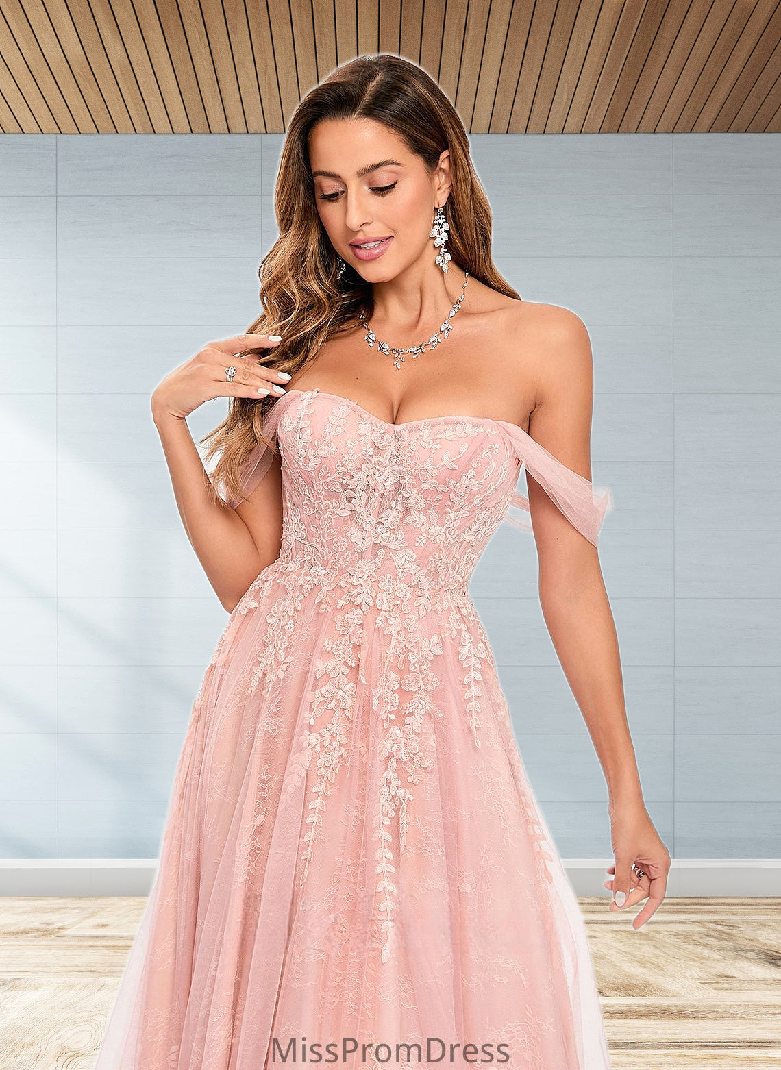 Elvira A-line Sweetheart Off the Shoulder Floor-Length Tulle Floral Lace Prom Dresses With Appliques Lace HMP0025870