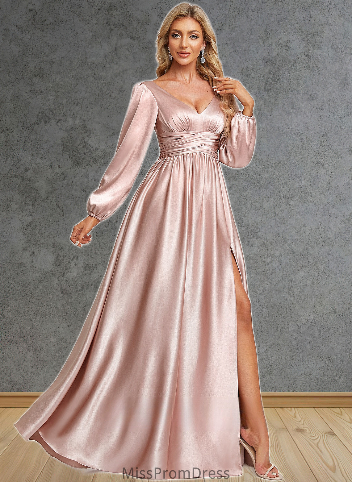 Shania A-line V-Neck Floor-Length Stretch Satin Prom Dresses HMP0025880