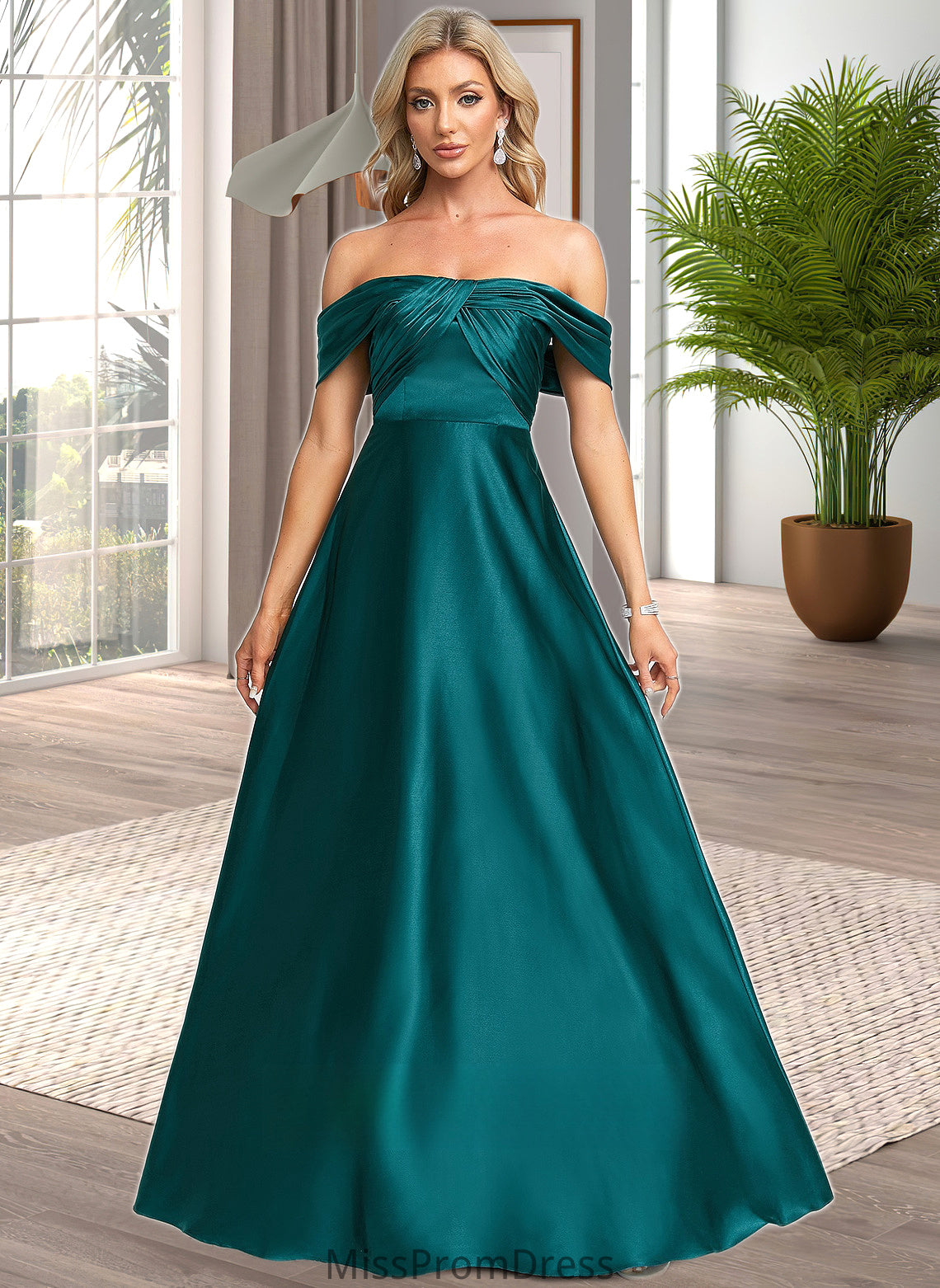 Erica A-line Off the Shoulder Floor-Length Stretch Satin Prom Dresses HMP0025879