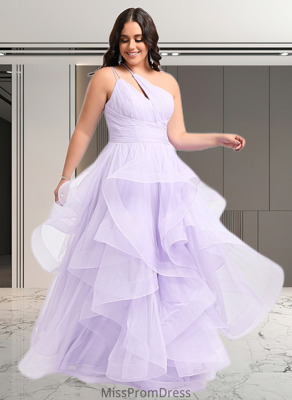 Luciana Ball-Gown/Princess Asymmetrical One Shoulder Floor-Length Tulle Prom Dresses HMP0025867