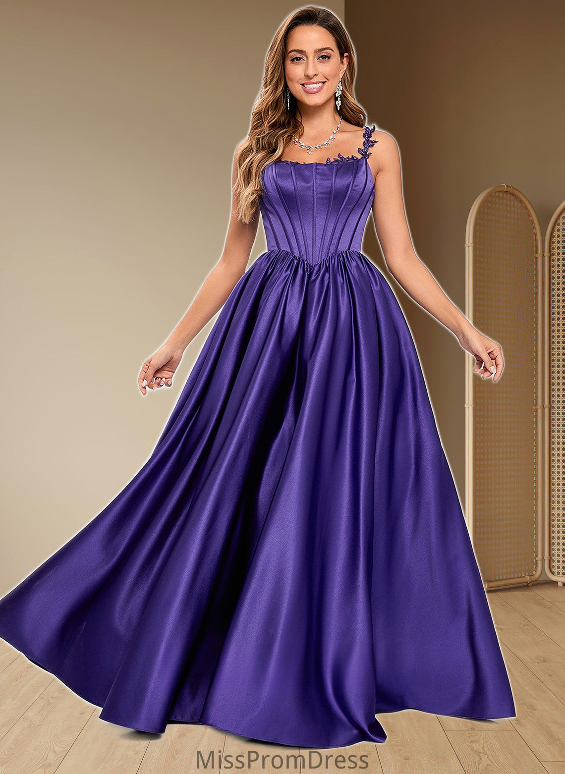 Saniyah Ball-Gown/Princess Scoop Floor-Length Satin Prom Dresses With Appliques Lace Beading HMP0025865