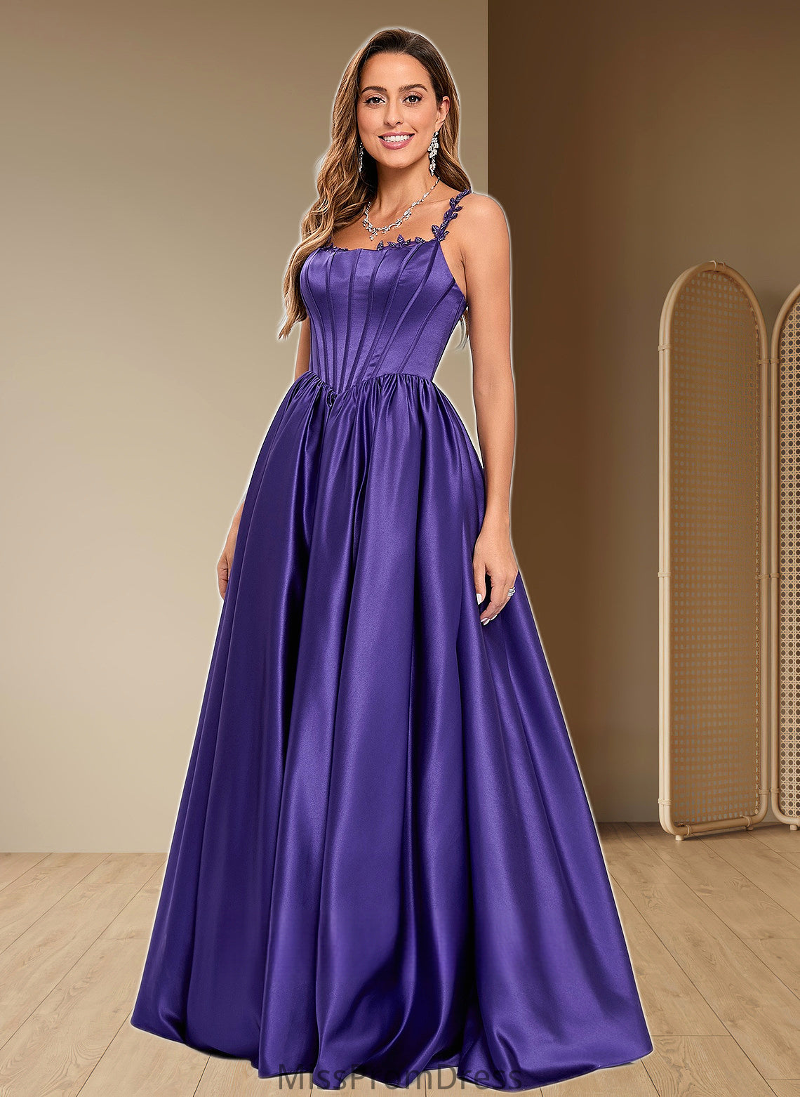 Saniyah Ball-Gown/Princess Scoop Floor-Length Satin Prom Dresses With Appliques Lace Beading HMP0025865