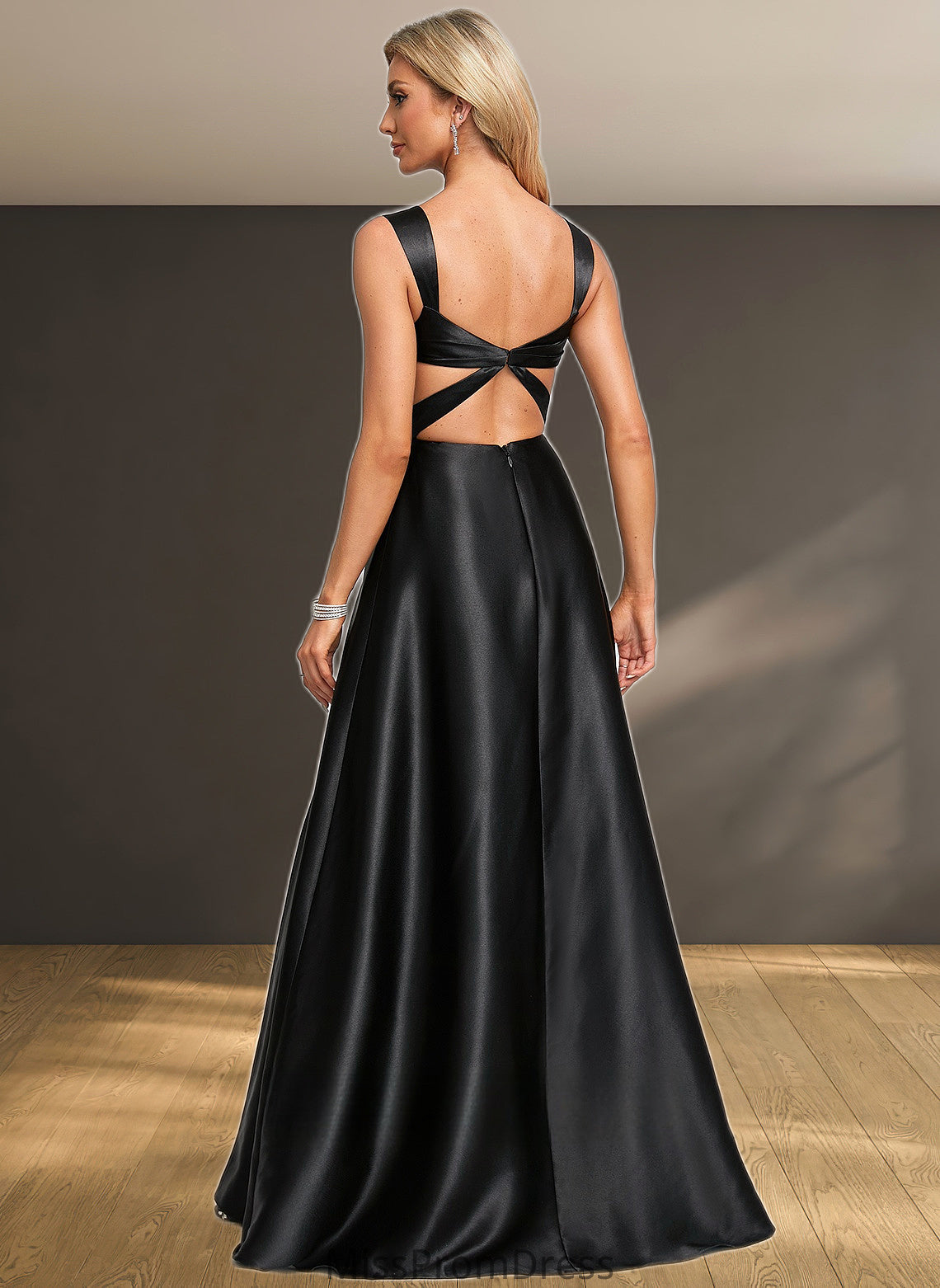 Lucille A-line V-Neck Floor-Length Stretch Satin Prom Dresses With Bow HMP0025882