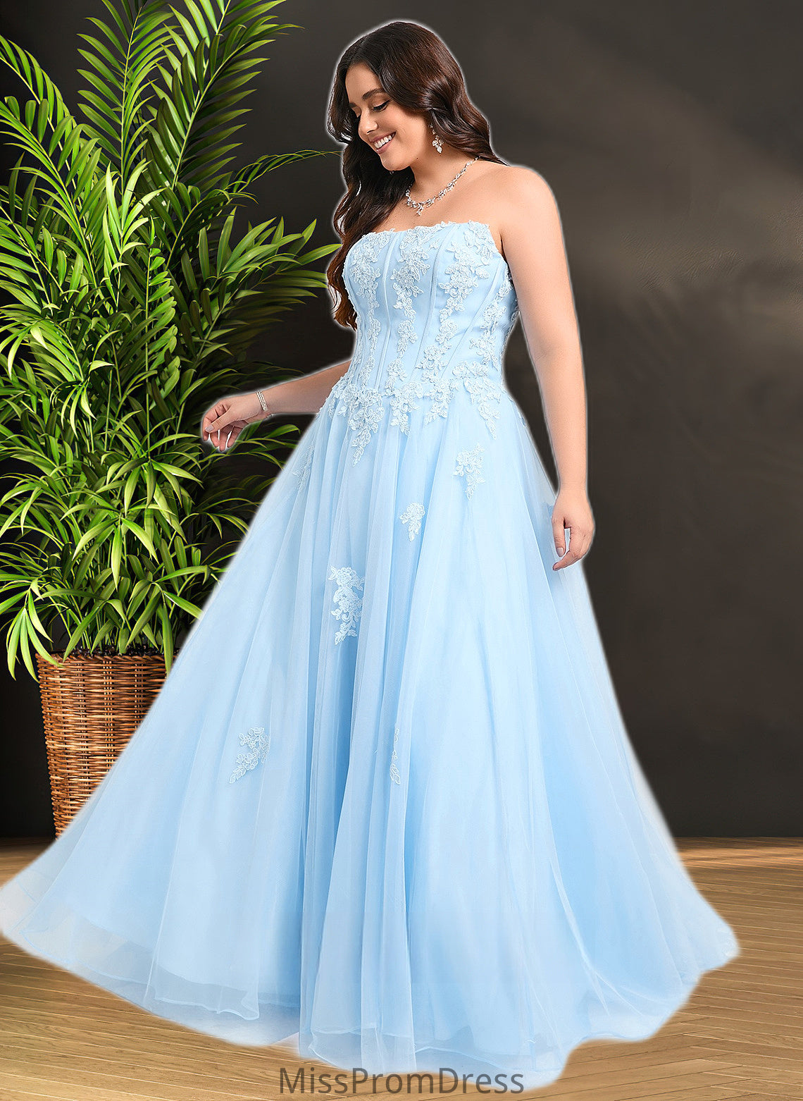 Brooke Ball-Gown/Princess Straight Sweep Train Tulle Prom Dresses With Sequins Appliques Lace HMP0025864