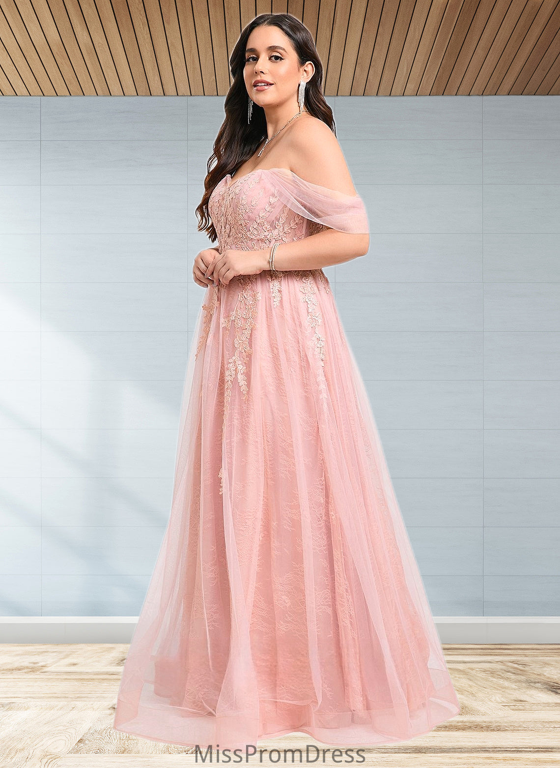 Elvira A-line Sweetheart Off the Shoulder Floor-Length Tulle Floral Lace Prom Dresses With Appliques Lace HMP0025870