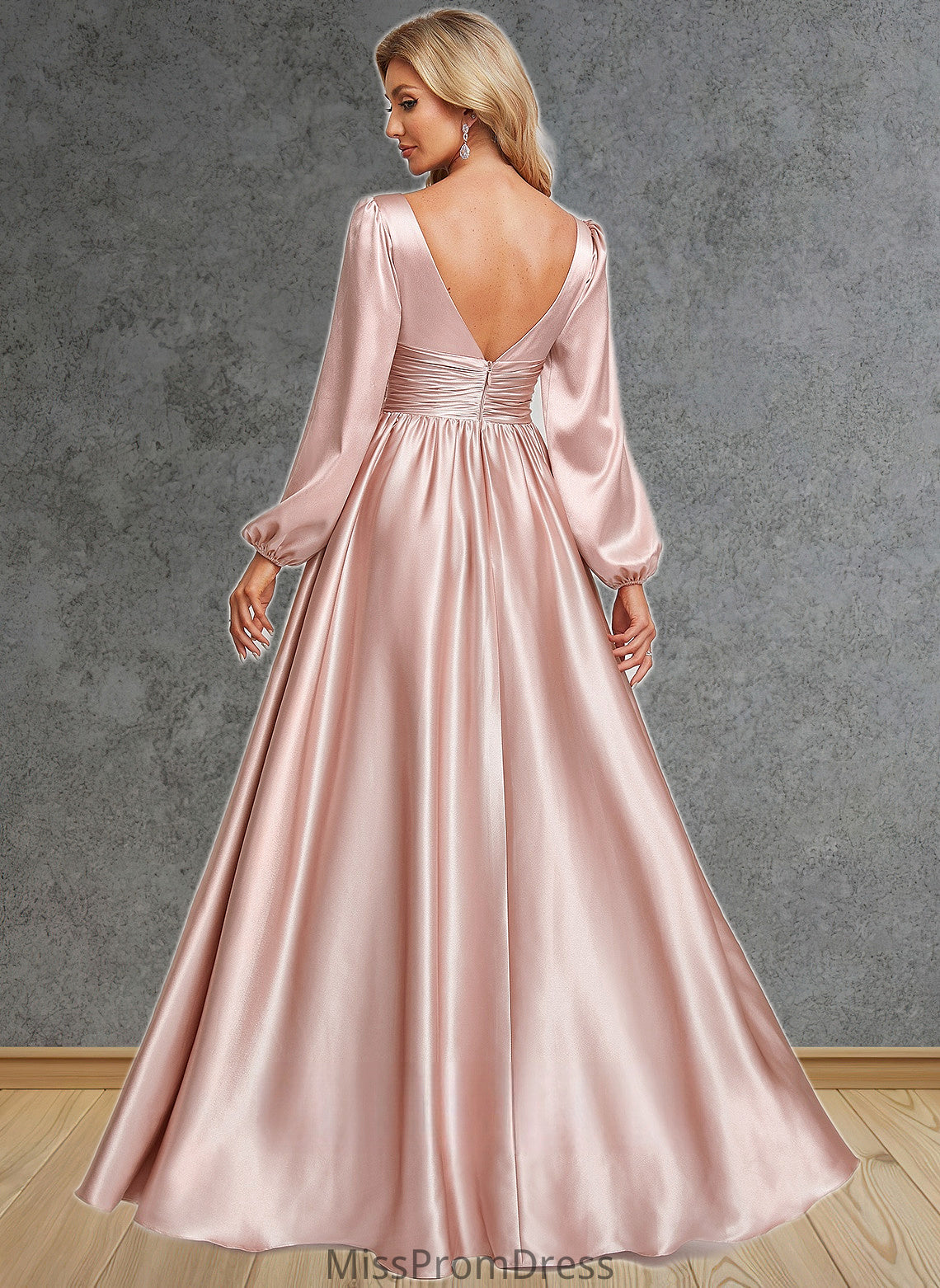 Shania A-line V-Neck Floor-Length Stretch Satin Prom Dresses HMP0025880