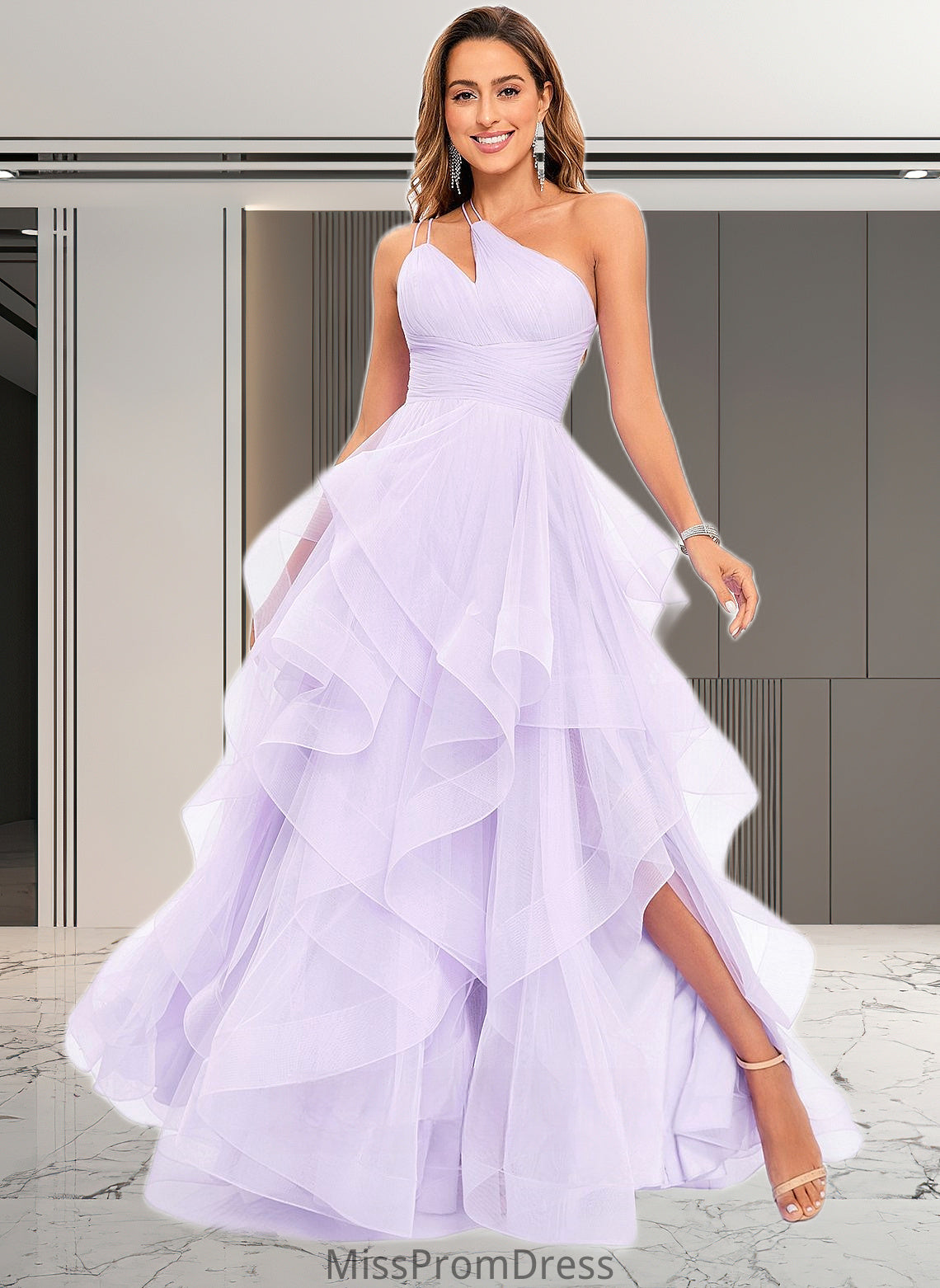 Luciana Ball-Gown/Princess Asymmetrical One Shoulder Floor-Length Tulle Prom Dresses HMP0025867