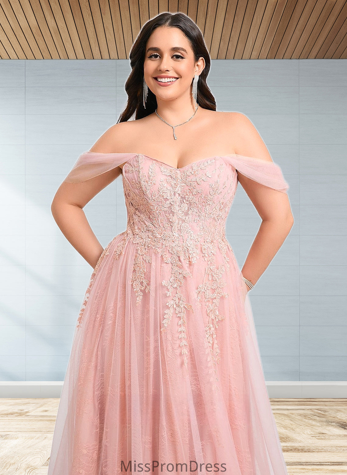 Elvira A-line Sweetheart Off the Shoulder Floor-Length Tulle Floral Lace Prom Dresses With Appliques Lace HMP0025870