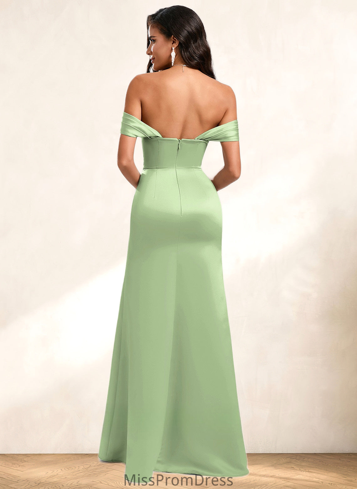 Lesly Trumpet/Mermaid Off the Shoulder Square Floor-Length Satin Prom Dresses With Ruffle HMP0025883