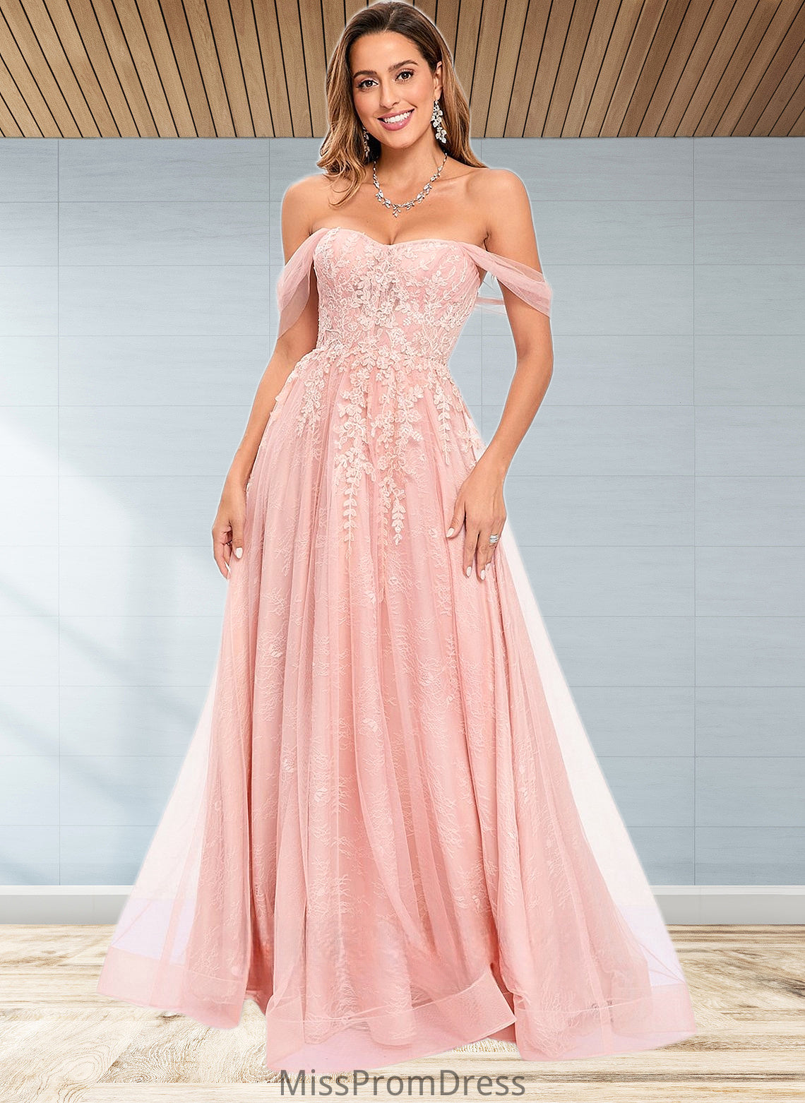 Elvira A-line Sweetheart Off the Shoulder Floor-Length Tulle Floral Lace Prom Dresses With Appliques Lace HMP0025870