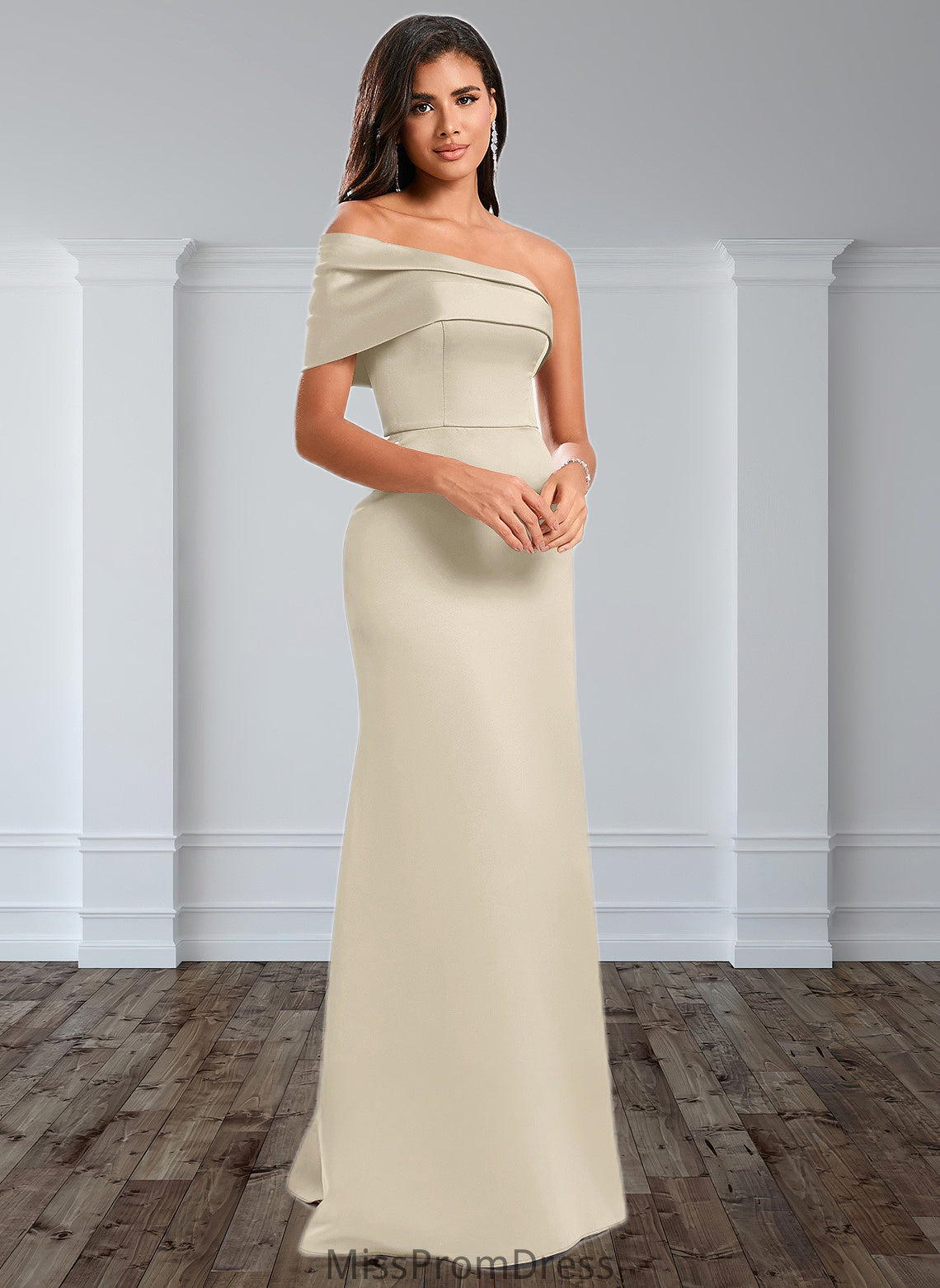 Margaret A-line Asymmetrical Off the Shoulder Floor-Length Satin Prom Dresses HMP0025884