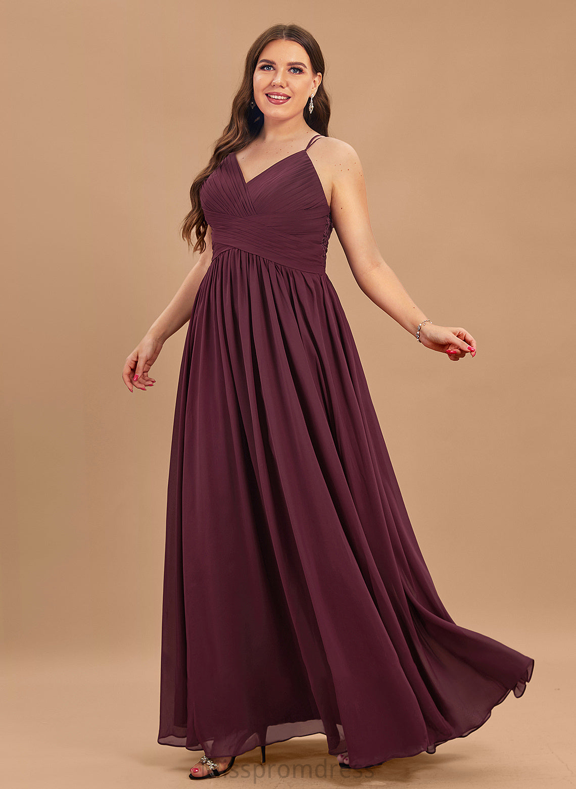 Chiffon Floor-Length Ruffle With V-neck Prom Dresses Selah Lace A-Line