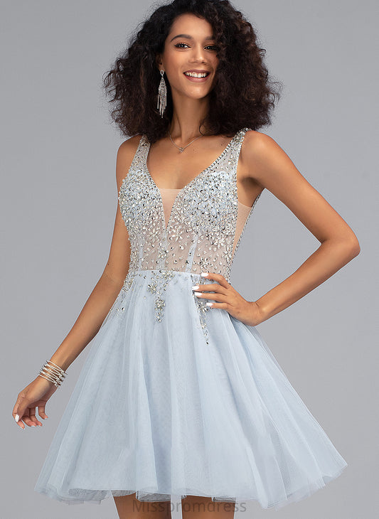 Short/Mini A-Line Beading Melinda Prom Dresses V-neck Tulle With