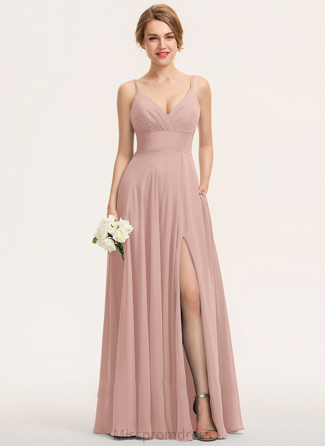 Kailey Floor-Length A-Line Chiffon V-neck Pockets With Ruffle Prom Dresses