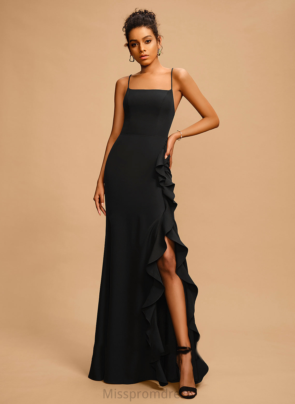 Crepe Tamia Neckline Ruffle Stretch Prom Dresses With Floor-Length Sheath/Column Square