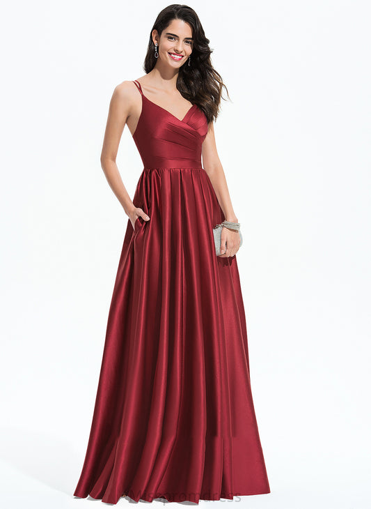 Satin Pockets With Ruffle Floor-Length Prom Dresses V-neck Alaina A-Line