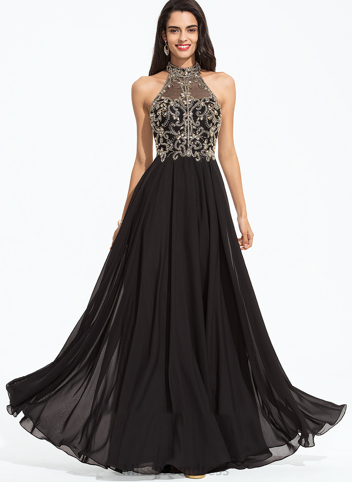 With Neck Floor-Length High A-Line Beading Prom Dresses Sequins Chiffon Urania