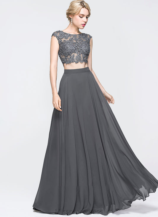 A-Line Sequins Prom Dresses Beading Floor-Length Scoop Elena With Chiffon Neck