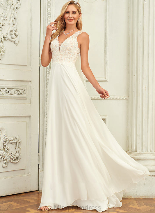 With V-neck Chiffon Train A-Line Lila Wedding Dresses Sweep Lace Wedding Dress Lace