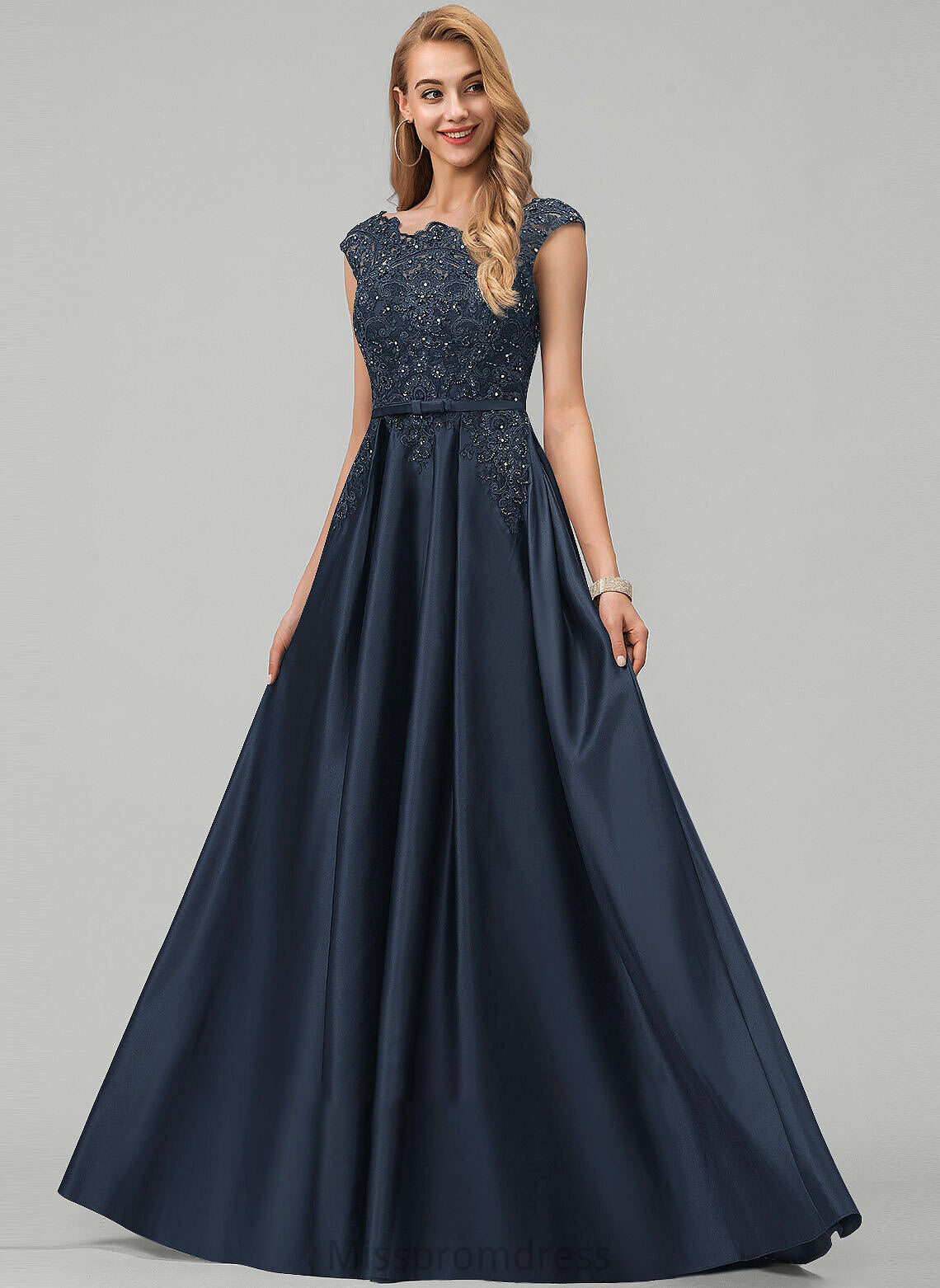 Beading Prom Dresses Floor-Length With Lace Rosalie Pockets Satin Neck Bow(s) Ball-Gown/Princess Scoop Sequins