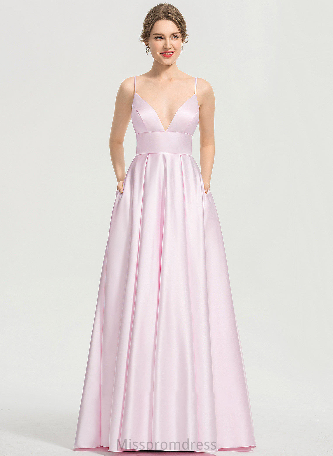 Floor-Length Satin With A-Line Pockets Anika V-neck Prom Dresses