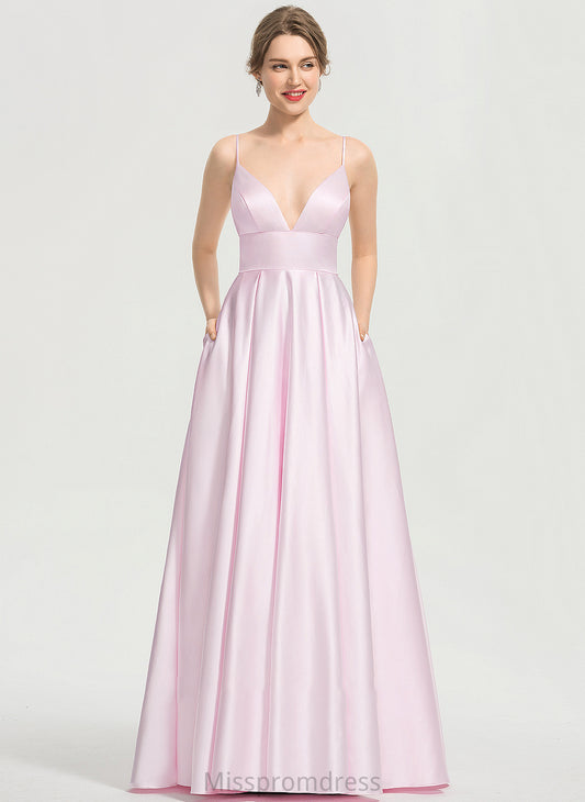 Floor-Length Satin With A-Line Pockets Anika V-neck Prom Dresses