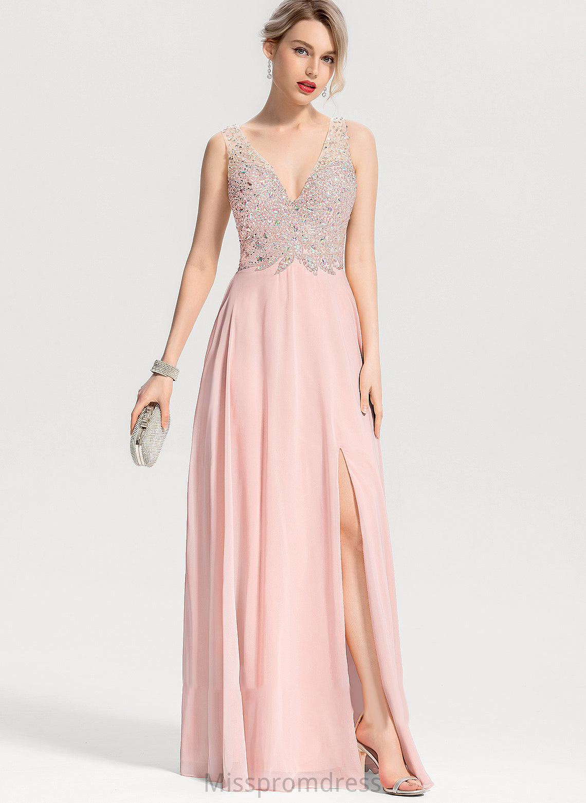 Chiffon Lainey Front A-Line Beading Prom Dresses Split V-neck Sequins Floor-Length With