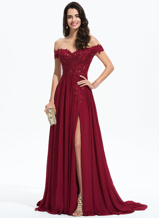 Train Evangeline Chiffon Sequins Off-the-Shoulder A-Line With Prom Dresses Lace Sweep