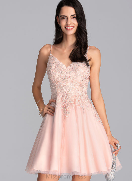 A-Line Prom Dresses Danna Tulle Short/Mini V-neck With Beading Sequins