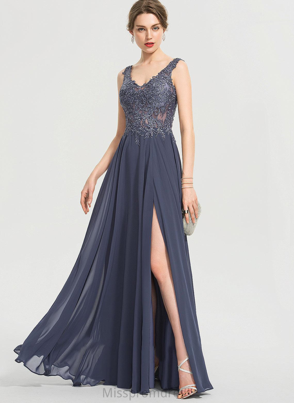 Chiffon Beading A-Line V-neck Split Floor-Length Front Prom Dresses Vivien With Sequins