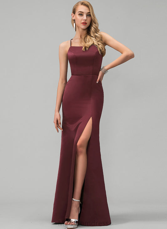 Neckline Sheath/Column Satin Prom Dresses Front Split Floor-Length With Square Lucinda