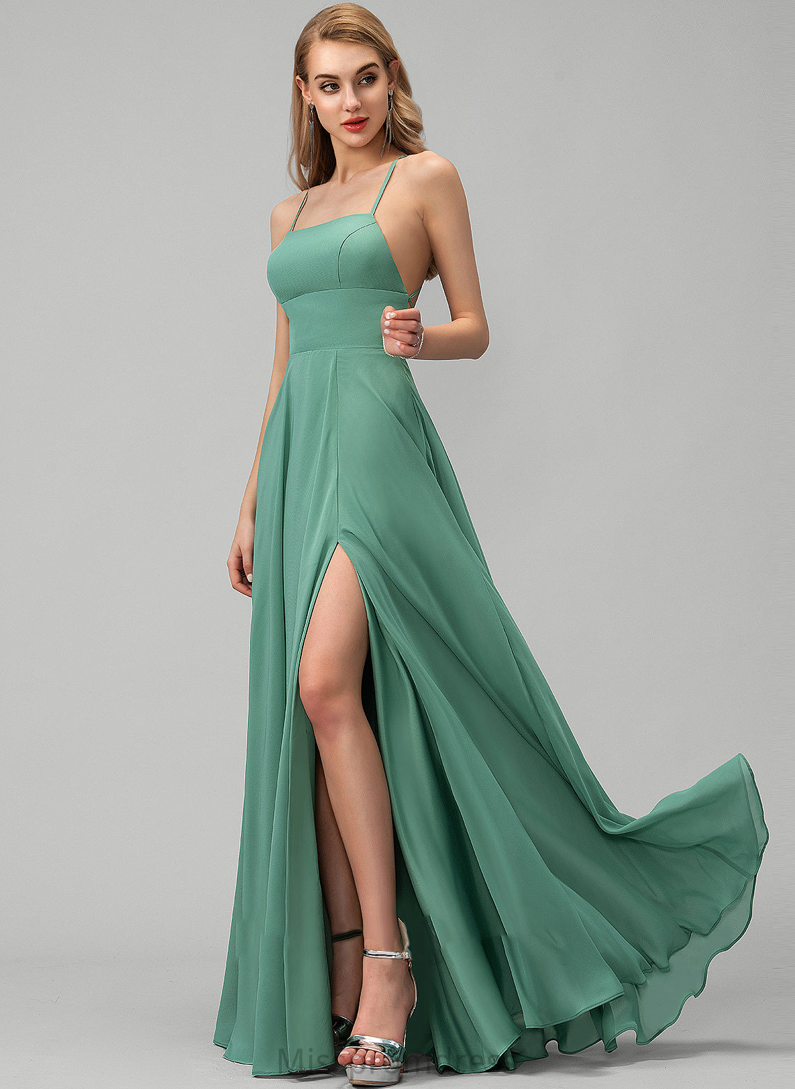 Split Neckline Chiffon Floor-Length Pockets Square With Hanna Prom Dresses A-Line Front