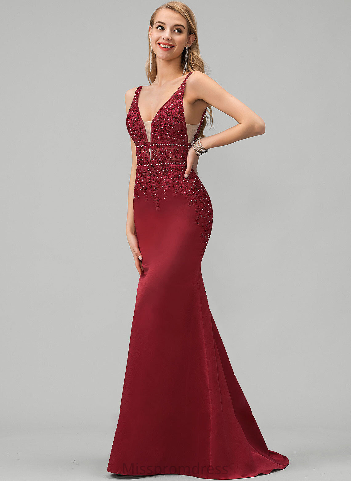 Prom Dresses V-neck Train Sequins Satin Lace Trumpet/Mermaid Beading Sweep With Aiyana