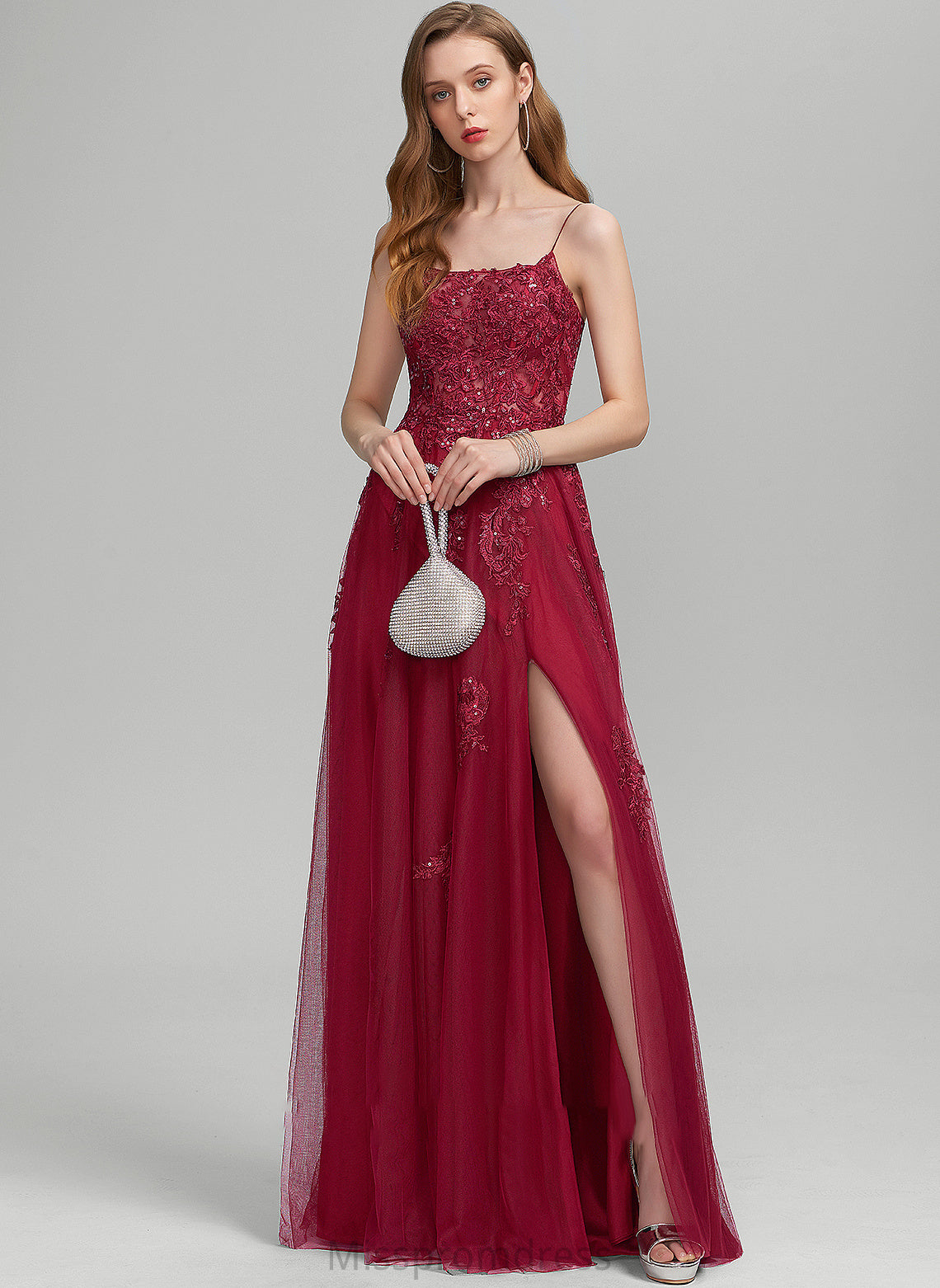 Sequins Front Floor-Length Neckline Prom Dresses A-Line Split Greta Tulle Square With