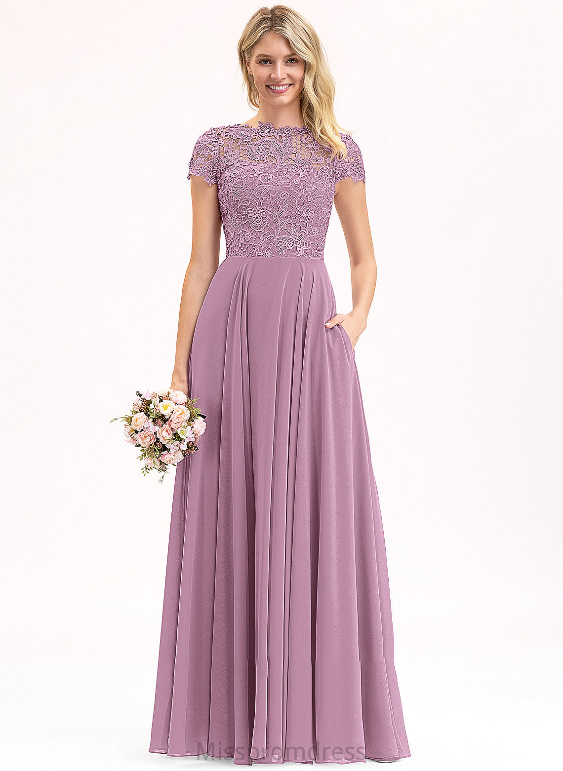 Prom Dresses Samara Scoop Pockets Chiffon Lace Neck With A-Line Floor-Length