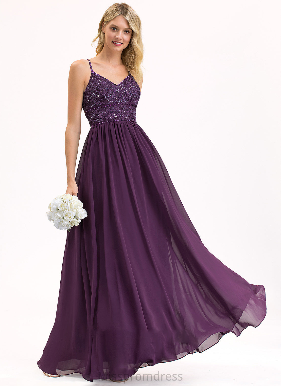 Sequins Isabelle Prom Dresses A-Line With V-neck Chiffon Lace Beading Floor-Length