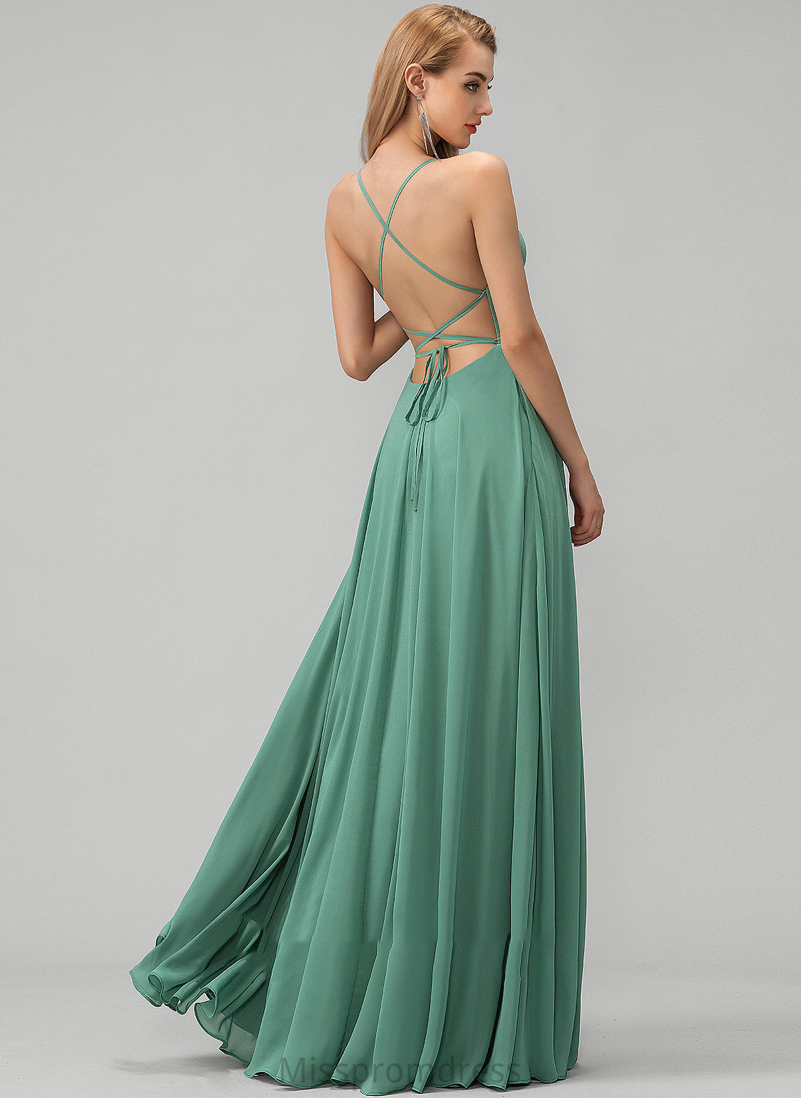 Split Neckline Chiffon Floor-Length Pockets Square With Hanna Prom Dresses A-Line Front