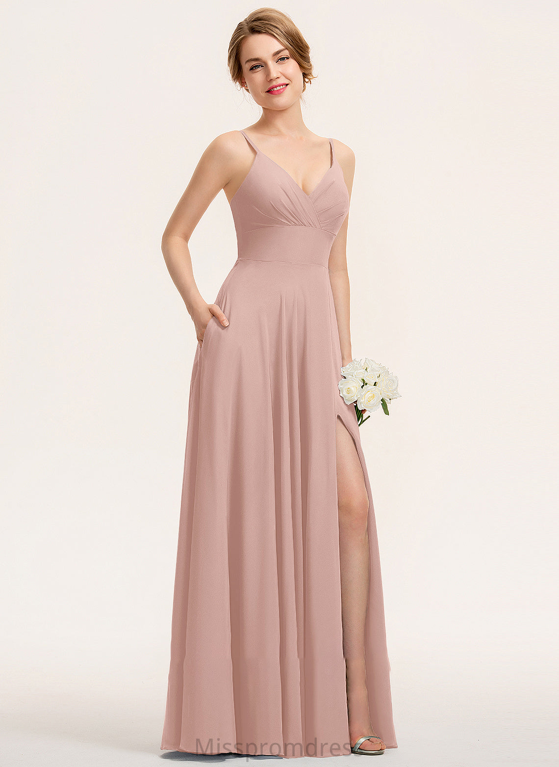 Kailey Floor-Length A-Line Chiffon V-neck Pockets With Ruffle Prom Dresses