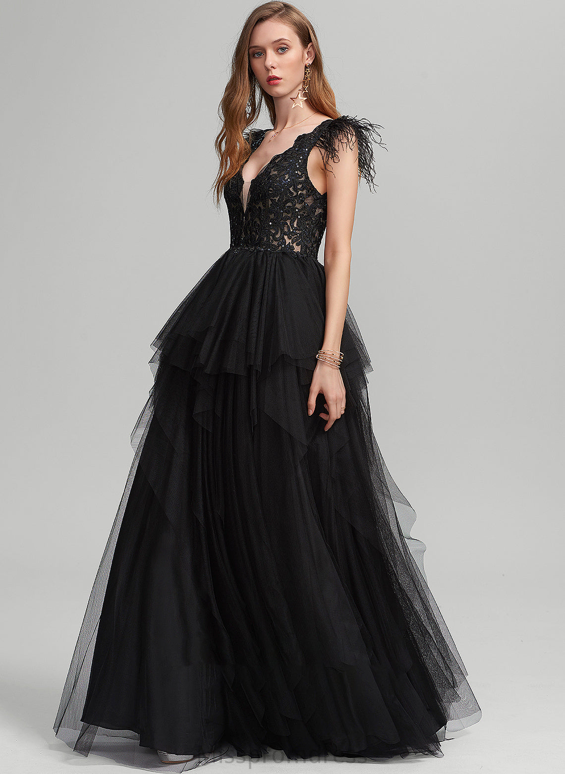 Ball-Gown/Princess Jillian V-neck With Prom Dresses Tulle Feather Floor-Length Sequins