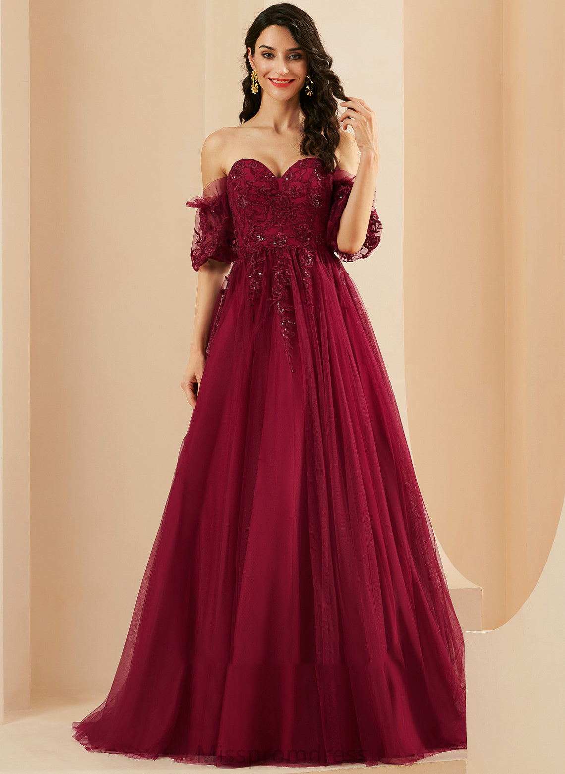 Ball-Gown/Princess Sequins Prom Dresses Sweetheart Polly Tulle With Sweep Train