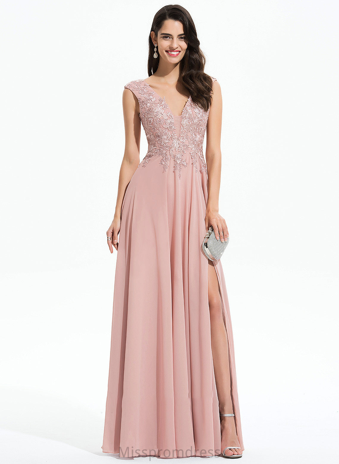 Split With A-Line Sylvia V-neck Floor-Length Prom Dresses Lace Front Chiffon