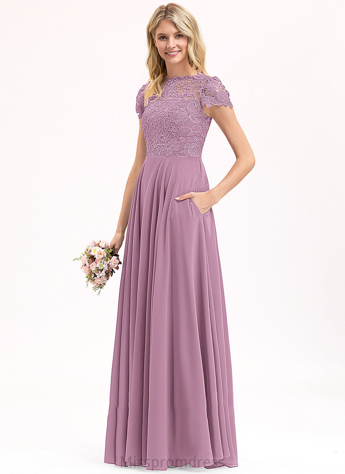 Prom Dresses Samara Scoop Pockets Chiffon Lace Neck With A-Line Floor-Length