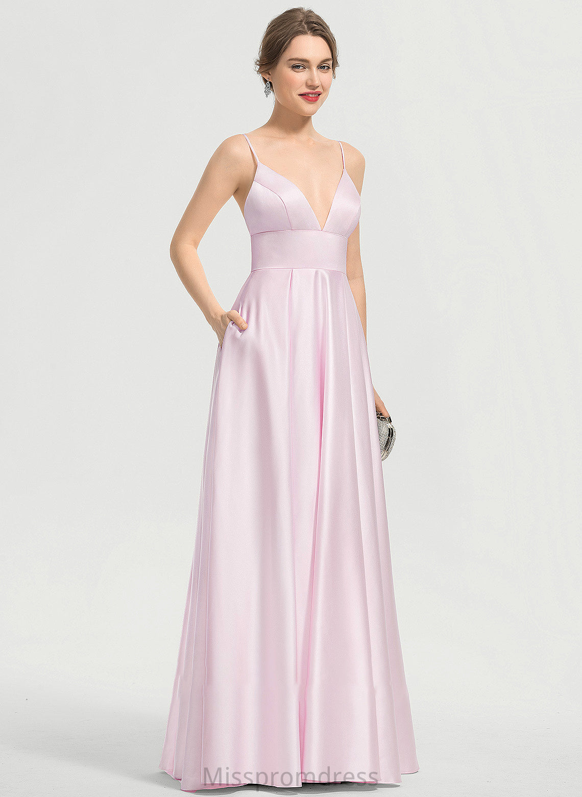 Floor-Length Satin With A-Line Pockets Anika V-neck Prom Dresses